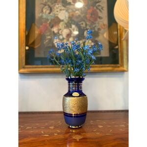 Vintage Bohemia Cobalt Blue Crystal Vase with Gold Detail